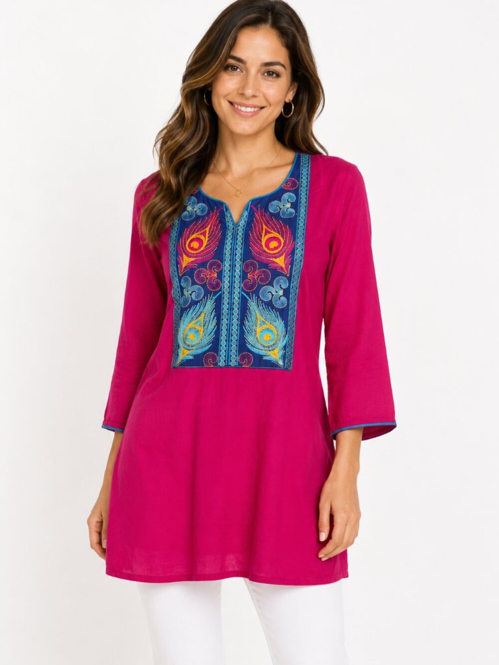 Embroidered Fuchsia Pink Tunic Top – Peacock Feather Embroidery – 3/4 Sleeve